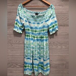 Robert Louis Beach Boho Mini Dress S Puff Sleeves Smocked Bodice Aqua Tie Dye